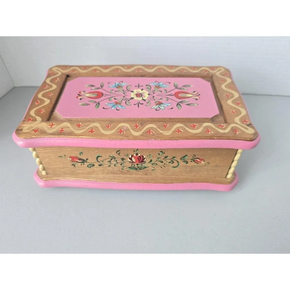 Vintage Hand Painted Wooden Music Jewelry Box Folk Art Floral - Made in Japan